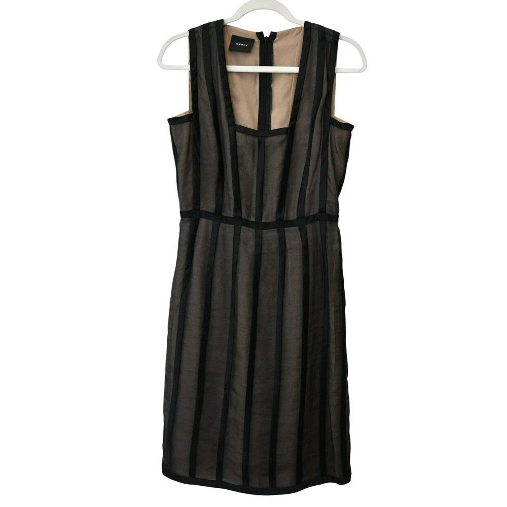 Akris Punto Sheath Dress Size 6 Black Square Neck Sleeveless Sheer Striped